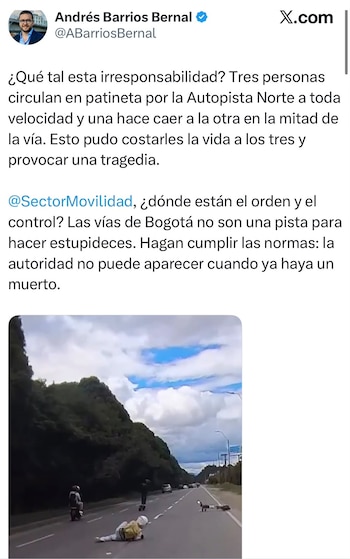 El crecimiento en el uso de patinetas también puso la seguridad vial en el centro de las preocupaciones, especialmente por maniobras peligrosas en vías de alto tráfico -crédito @ABarriosBernal/X