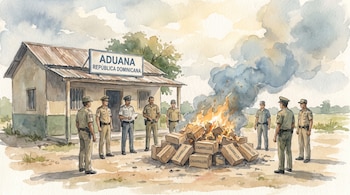 Edificio con cartel Aduana República Dominicana, nueve hombres uniformados de pie, una hoguera con humo y varias cajas con la palabra CIGARRILLOS.