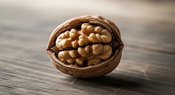 Una nuez partida por la mitad exhibe su cáscara rugosa y su fruto interior con pliegues, reposando sobre una tabla de madera oscura.