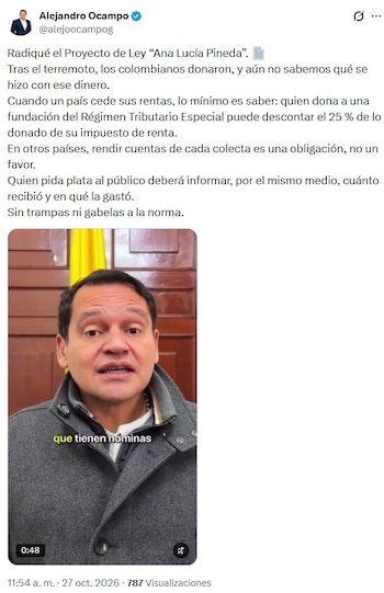 Ocampo explicó los alcances de su proyecto de ley vía X la mañana del martes 27 de octubre de 2026 - crédito @alejoocampog/X