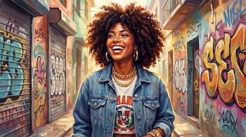 Mujer morena de cabello rizado con chaqueta vaquera y camiseta, un collar dorado, un reloj dorado en muñeca, en una calle urbana con grafitis.