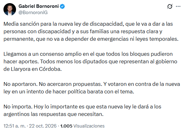Una publicación de Gabriel Bornoroni en la red social X aborda la media sanción de un proyecto de ley sobre discapacidad