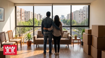 Vista trasera de una pareja de pie en una sala luminosa, abrazados, mirando por una gran ventana un paisaje urbano de edificios y árboles. Hay cajas de mudanza a la derecha.