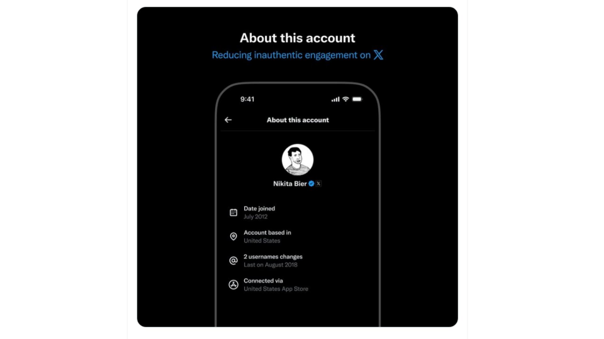 X busca que sus usuarios puedan identificar perfiles auténticos mostrando detalles como la localización real y la frecuencia de cambio de nombre. (X.com)