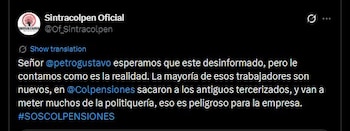 El sindicato Sintracolpen advierte sobre
