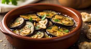 Primer plano de berenjenas en rodajas cocinadas en aceite de oliva, cubiertas con ajo laminado y perejil, servidas en un cuenco de cerámica marrón sobre una mesa de madera.
