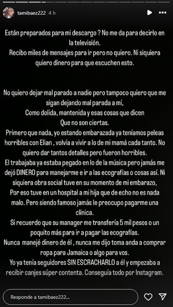 El mensaje de Tamara Báez para contar su relación con L-Gante (Instagram)