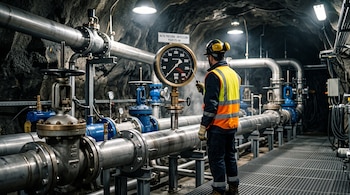 Un operario con casco y chaleco reflectante observa un manómetro circular grande junto a tuberías de acero y válvulas en un túnel de piedra.