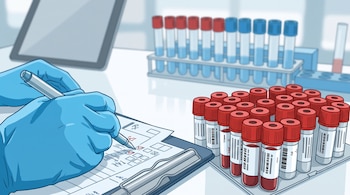 Manos con guantes azules escriben en una carpeta sobre un escritorio con tubos de ensayo con muestras de sangre y una tableta electrónica.