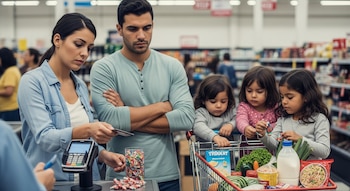 Una mujer con tarjeta de crédito en una caja de supermercado, un hombre a su lado con brazos cruzados, y tres niñas pequeñas en un carrito de compras lleno de víveres.