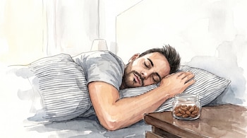 Ilustración en acuarela de un hombre recostado en una cama junto a un frasco de vidrio con almendras sobre una mesa de noche.