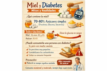 Infografía que ilustra la relación entre miel y diabetes. Muestra tarros de miel, cubos de azúcar, un medidor de glucosa y una doctora, explicando sus efectos en la sangre.