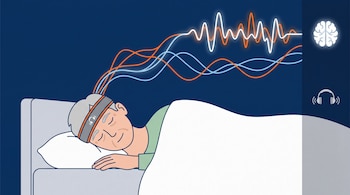 Ilustración de una persona dormida con una vincha que emite ondas de colores junto a un icono de cerebro.