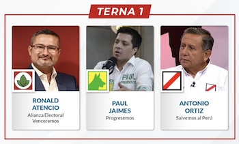 Imagen muestra a tres candidatos masculinos: Ronald Atencio, Paul Jaimes y Antonio Ortiz, con sus nombres, partidos y logos, bajo el título "TERNA 1"