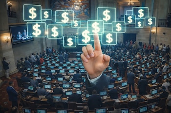 Una mano con traje apunta a signos de dólar brillantes flotando sobre una sala legislativa con asientos y múltiples personas mirando monitores de computadora.
