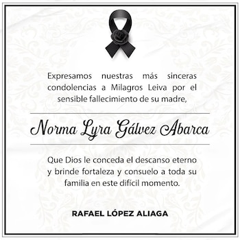 Tarjeta digital de pésame con un lazo negro sobre fondo claro y texto de condolencias firmado por Rafael López Aliaga