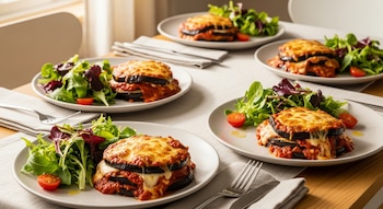 Cuatro platos individuales con berenjenas a la napolitana gratinadas y ensalada de hojas verdes, sobre una mesa con manteles y cubiertos.