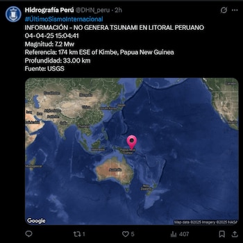 Terremoto de magnitud 7.2 sacudió la costa de Papúa Nueva Guinea. (Foto: X/@DHN_peru)