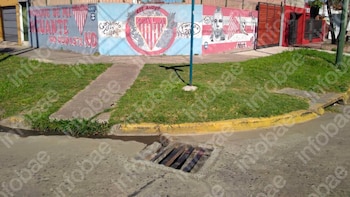 Una boca de tormenta abierta en una calle, con cordón amarillo, césped verde y un muro pintado con grafitis al fondo en un día soleado