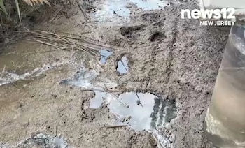 Terreno cubierto de lodo con charcos de agua que reflejan la luz, ramas secas y el logotipo de news 12 Nueva Jersey en la esquina