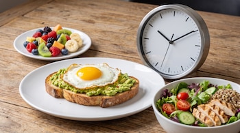 Una mesa de madera con un plato de tostada de aguacate y huevo frito, un plato de frutas variadas, un bol de ensalada de pollo y quinoa, y un reloj analógico.