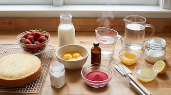 Un bizcochuelo sobre una rejilla junto a frutillas, huevos, leche, líquidos en recipientes y utensilios sobre una mesa de madera.
