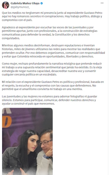 Gabriela Muñoz Olaya respondió a las versiones que circularon en redes tras ser vista con el expresidente Gustavo Petro - crédito @gabymunozz_/X