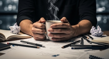 Manos sostienen una taza de café humeante sobre una mesa con documentos desordenados, bolígrafos, lápices, un libro abierto y papeles arrugados.