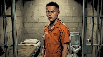 Ilustración de hombre con uniforme naranja en celda de prisión, con barrotes, cama, inodoro. Los números 800315 y 2300538 figuran en el uniforme.