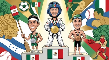 Tres atletas caricaturizados con medallas (oro, plata, bronce) en un podio. Representan taekwondo, remo y natación. Banderas de México e iconos deportivos.