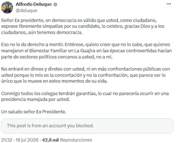 Alfredo Deluque pidió concertación y rechazó confrontación pública con el expresidente Álvaro Uribe - crédito @deluque/X