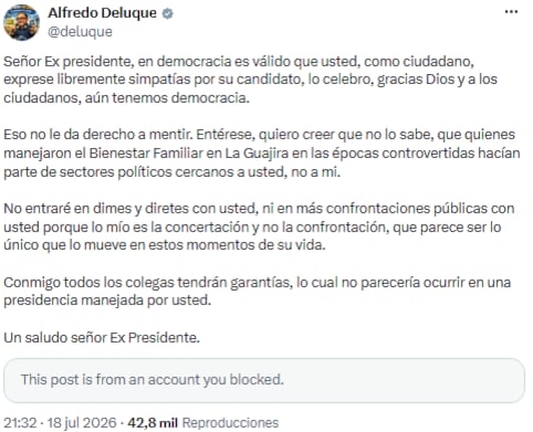 Alfredo Deluque pidió concertación y rechazó confrontación pública con el expresidente Álvaro Uribe - crédito @deluque/X