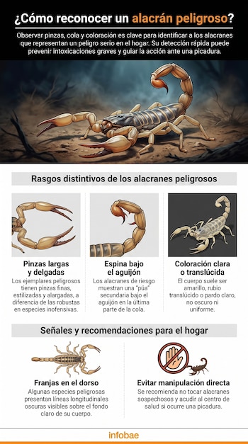 Infografía que muestra un alacrán amarillo con pinzas delgadas y detalles sobre cómo identificar ejemplares peligrosos por sus pinzas, aguijón y color.