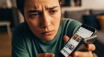 Primer plano de una mujer con el ceño fruncido que mira la pantalla de un teléfono móvil que sostiene en su mano.