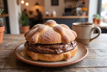 Pan dulce redondo espolvoreado con azúcar y relleno de crema de chocolate en un plato, junto a una taza humeante sobre una mesa