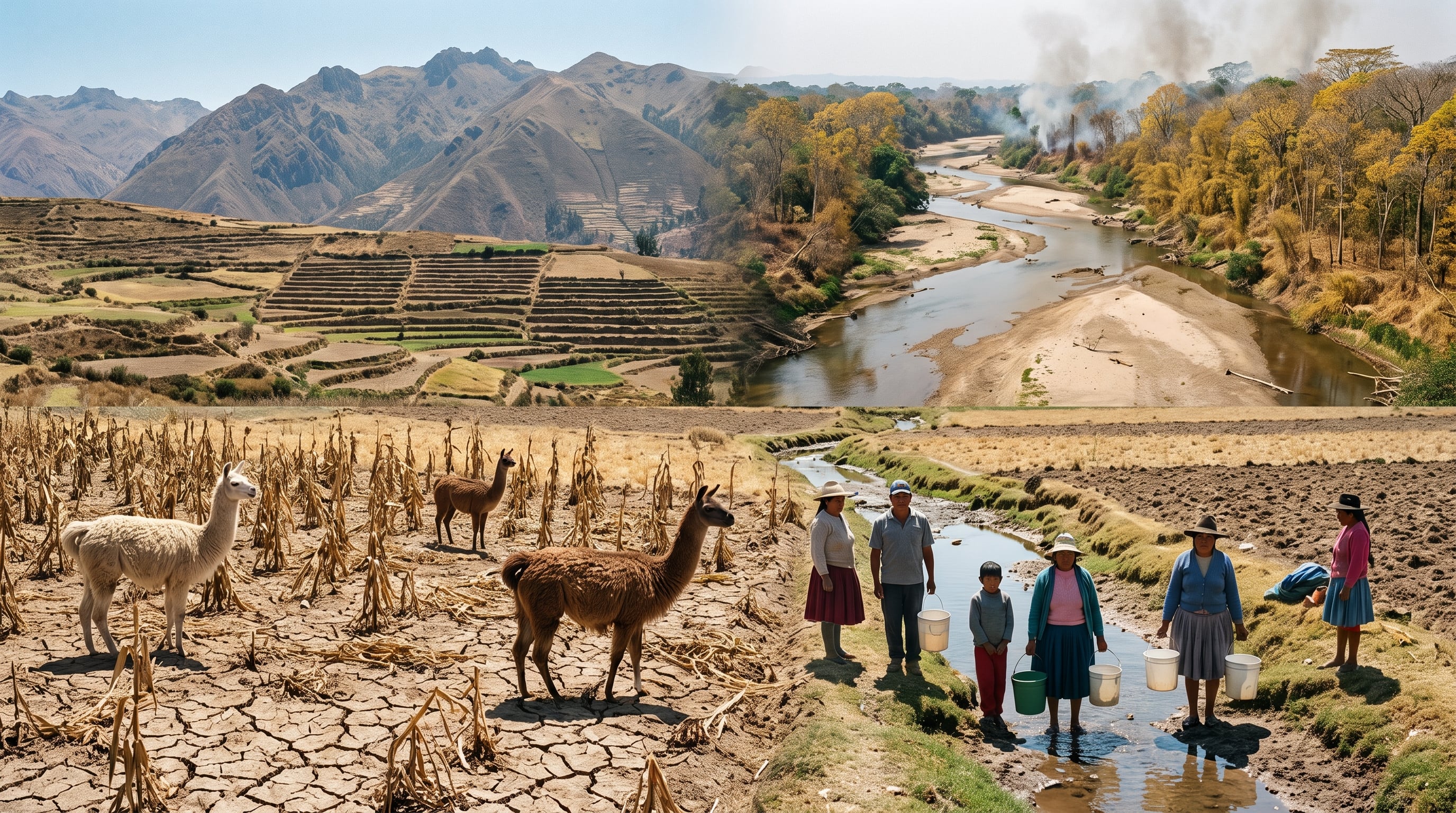 El fenómeno de El Niño transforma el paisaje peruano, con cultivos secos y escasez de agua en la sierra y un río amazónico de bajo caudal por la sequía. (Imagen Ilustrativa Infobae)