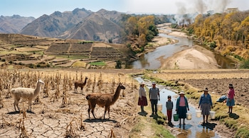 Un paisaje dividido con campos secos y llamas a la izquierda, personas en un riachuelo. A la derecha, un río de bajo caudal con orillas arenosas y humo.