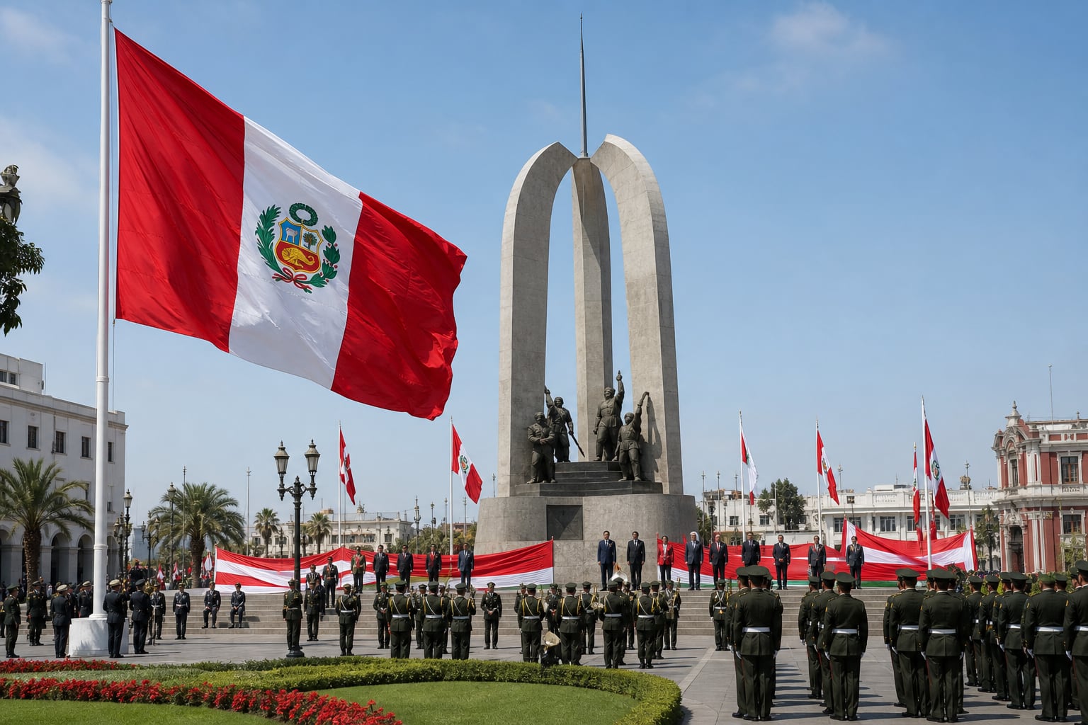 Autoridades y miembros de las fuerzas armadas participan en una ceremonia cívica en la Plaza de Armas de Tacna ante la bandera peruana y el Arco Parabólico. (Imagen Ilustrativa Infobae)