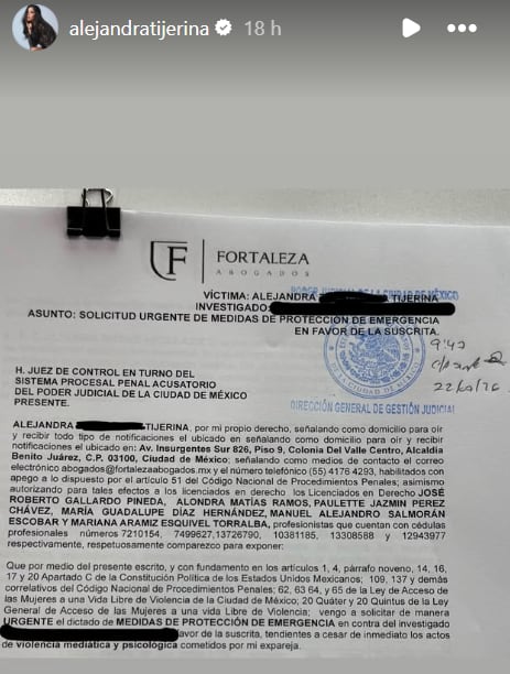 Alejandra Tijerina compartió los documentos de la acción legal que toó en contra de su expareja (Captura de pantalla: Instagram/alejandratijerina)