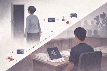 Ilustración dividida: mujer saliendo por puerta y joven en sala de audiencias con carpeta judicial. Una línea temporal con tarjeta, coche y manchas conecta las escenas.
