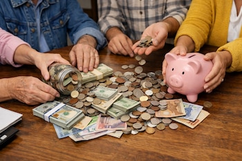 Manos de varias personas organizan monedas y billetes de diferentes divisas sobre una mesa de madera, junto a un frasco con monedas y una alcancía rosa.