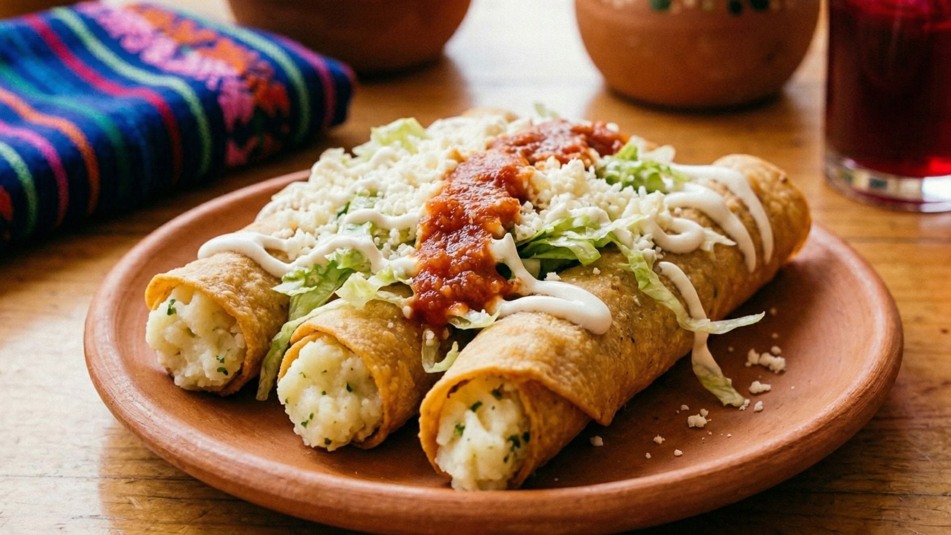 Un plato de taquitos dorados de papa, adornados con lechuga fresca, queso desmoronado, una vibrante salsa roja y crema, servidos en un plato de barro rústico. (Gemini)