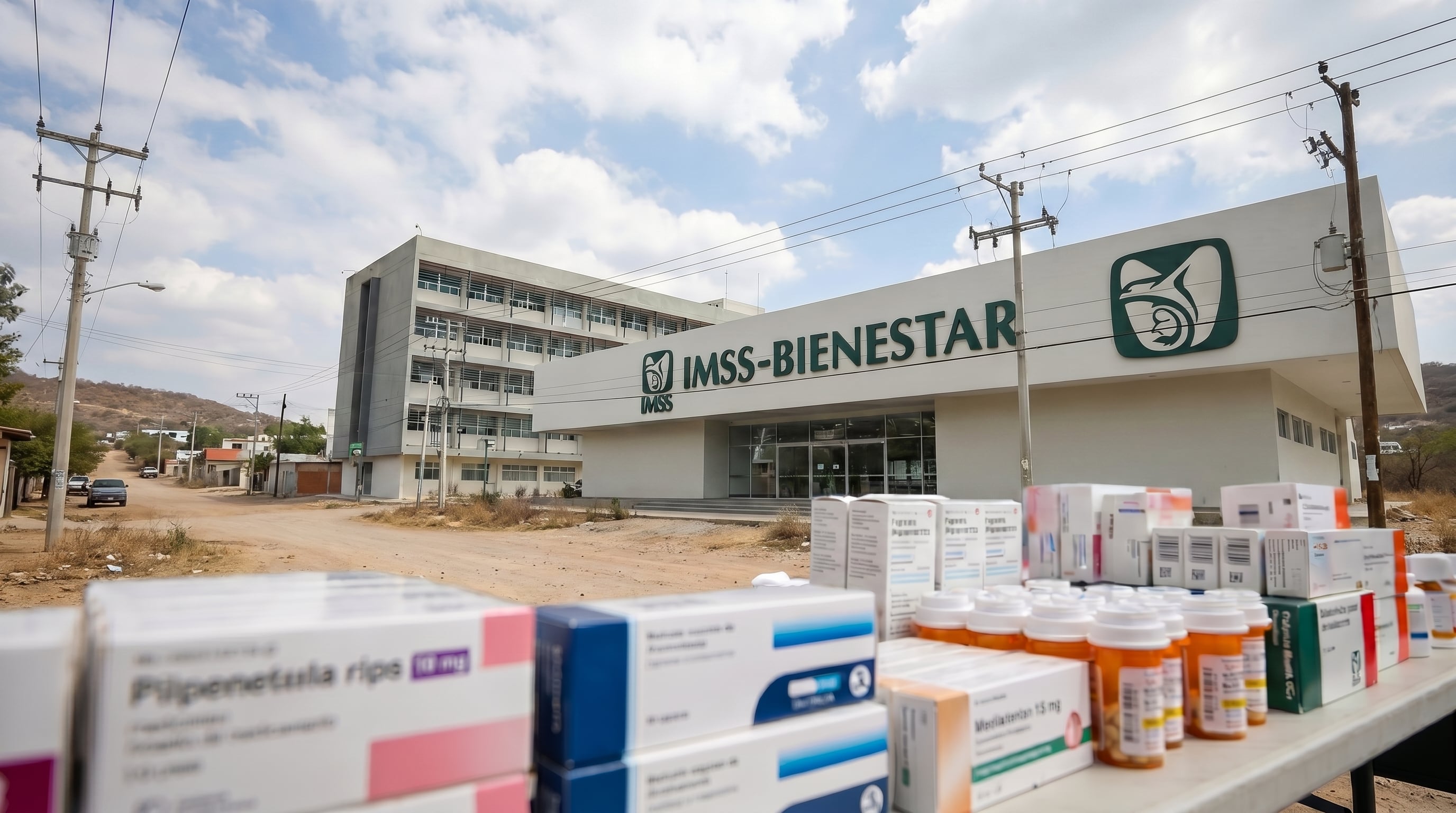 Suministro de medicamentos esenciales es visible en el primer plano, con el edificio de IMSS-Bienestar al fondo en una zona semi-rural, destacando el acceso a la salud. (Imagen Ilustrativa Infobae)