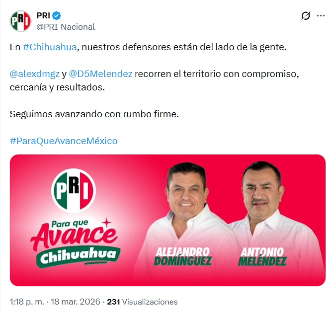 Tony Meléndez, diputado federal y aspirante a la gubernatura de Chihuahua, junto a Alejandro Domínguez, en un mensaje de campaña del PRI para el avance del estado. (PRI / X)