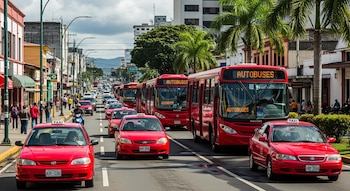 Una vista panorámica de una calle concurrida en Costa Rica, mostrando una fila de autobuses y taxis rojos, edificios urbanos y palmeras.