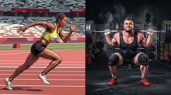 Una mujer corre en una pista de atletismo y un hombre levanta pesas con una barra en un gimnasio.