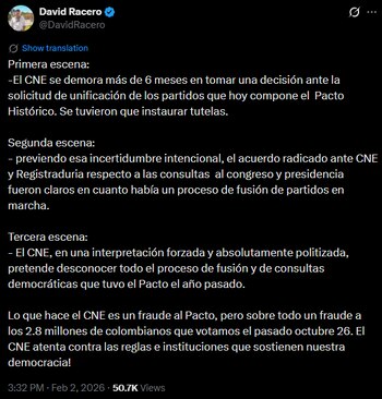 David Racero denunció “fraude” del CNE contra el Pacto y sus 2.8 millones de votantes - crédito @DavidRacero