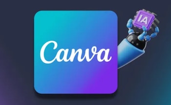 El logo de Canva sobre un fondo degradado azul y morado, con una mano robótica azul y negra sosteniendo un microchip morado con las letras "IA"