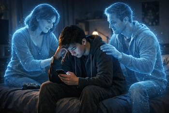 Joven sentado en la cama mirando el celular. Dos figuras azules brillantes (padres virtuales) lo consuelan. Un mando de consola está en la cama.