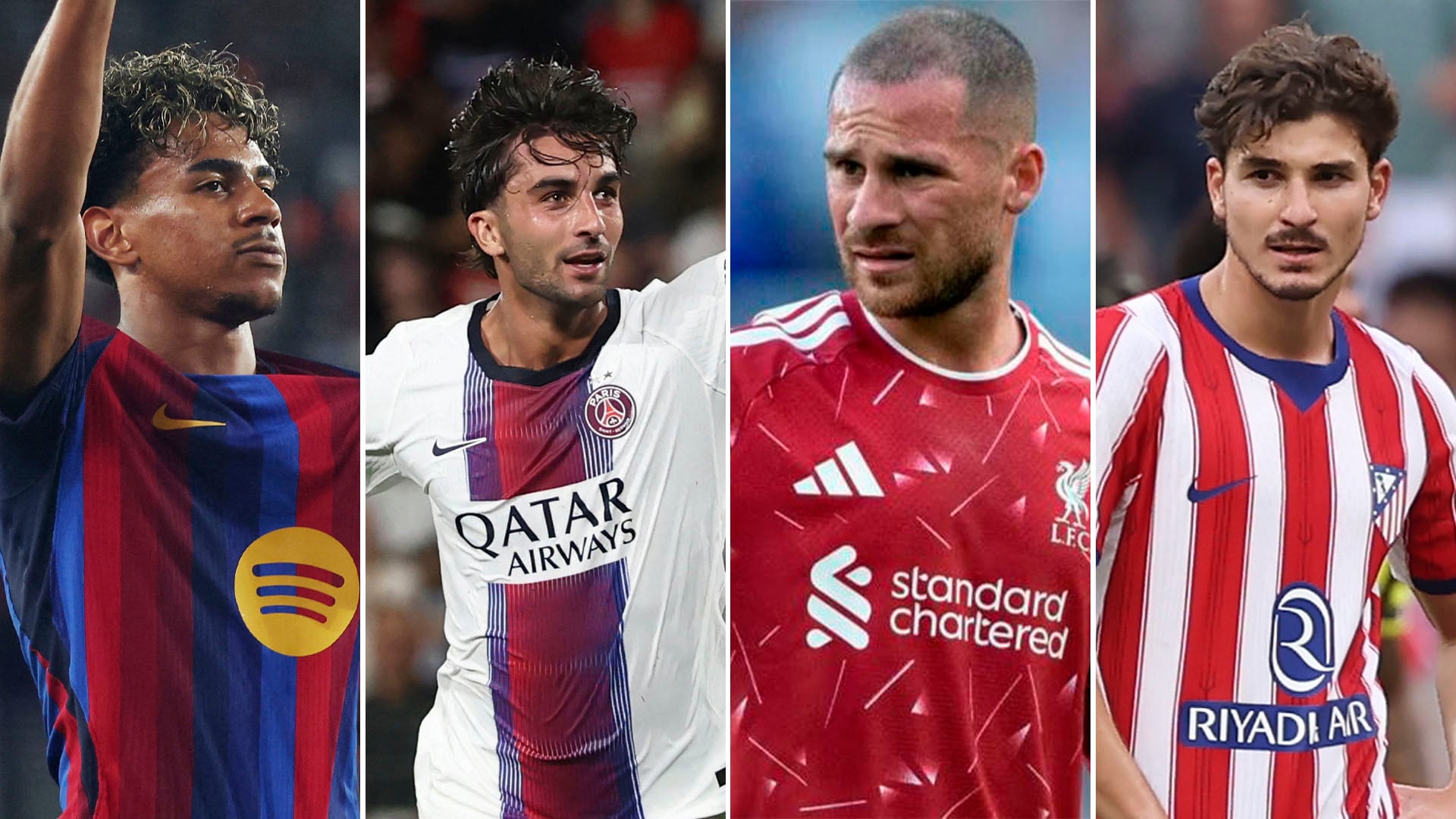 Los futbolistas Lamine Yamal, Ferran Torres, Alexis Mac Allister y Julián Álvarez posan con las camisetas de sus respectivos equipos.